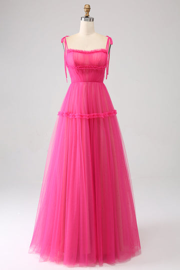 Fuchsia A-Line flæset lang tyl gallakjole
